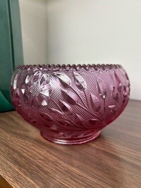 vintage Fenton stamped cranberry pink rose glass wildflower patterned bowl